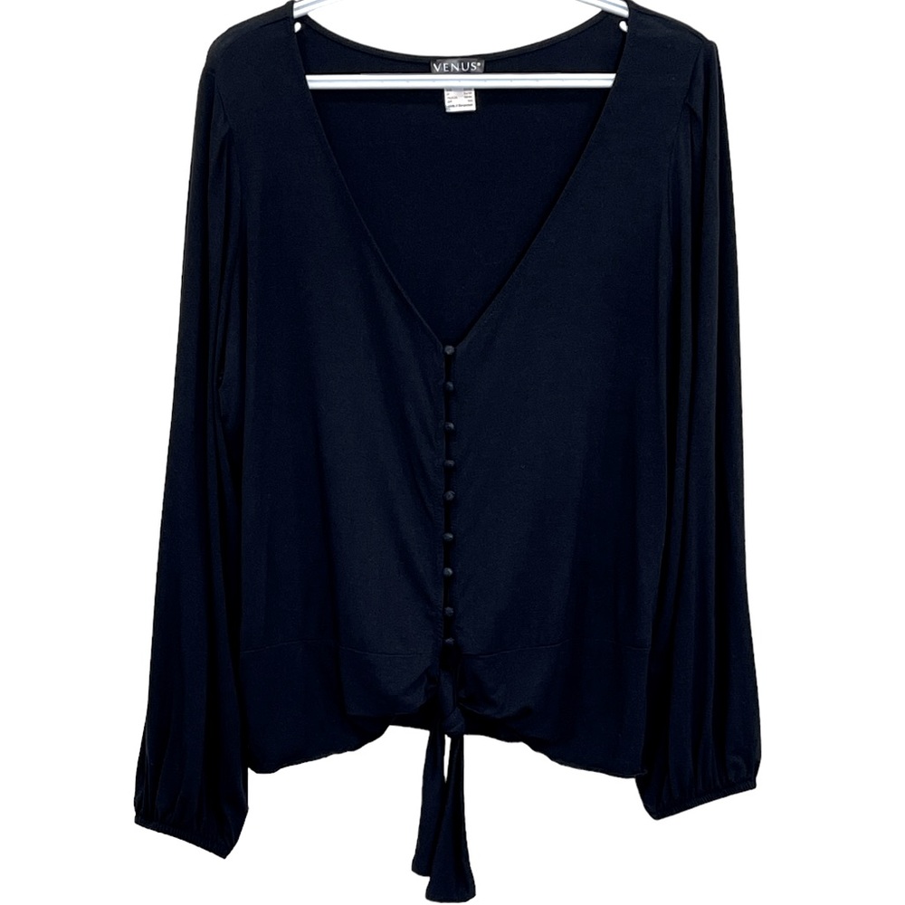 VENUS Black Long Sleeve Blouse Button Down Tie Closure V-neck SZ XL